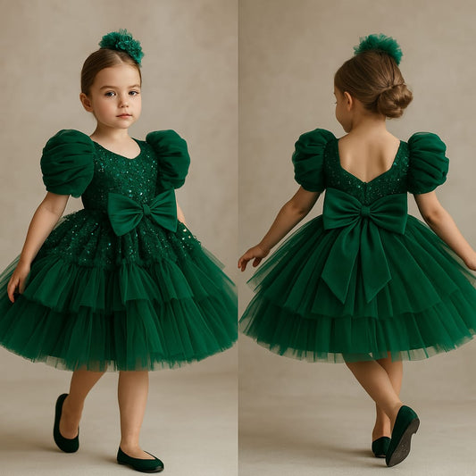 Pre Order: Axel Sequins Puff Sleeves Green Net Dress