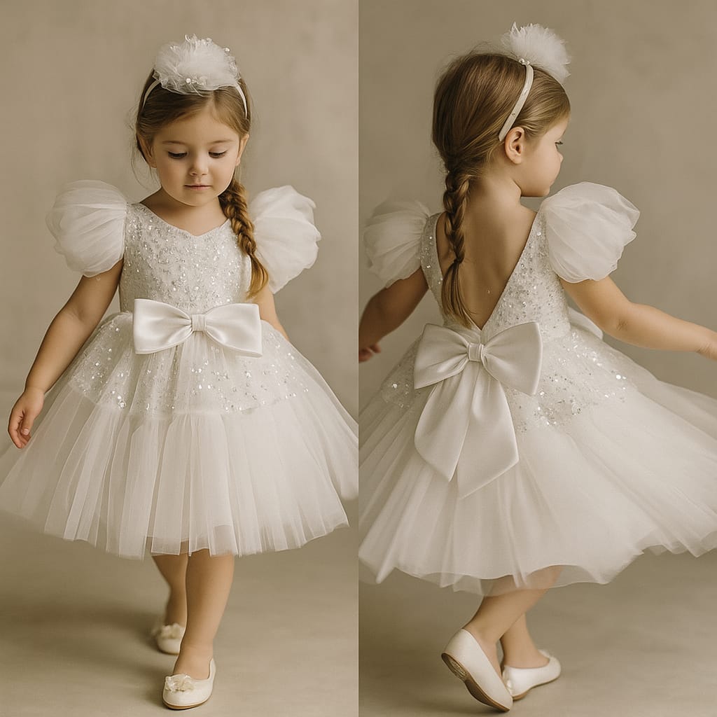 Pre Order: Axel Sequins Puff Sleeves White Net Dress