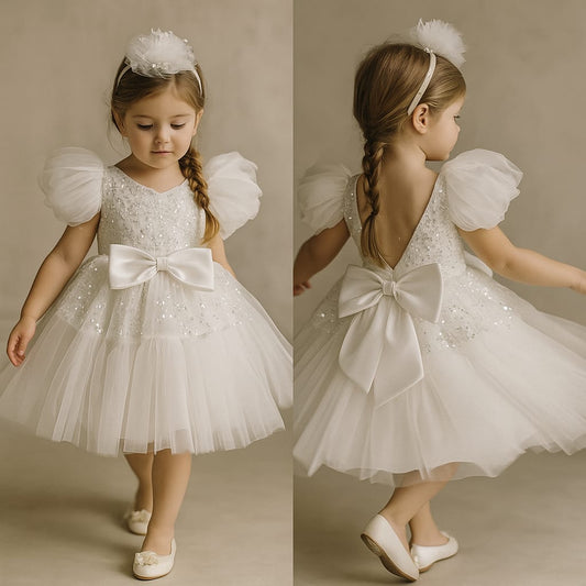 Pre Order: Axel Sequins Puff Sleeves White Net Dress