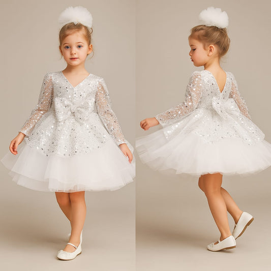 Pre Order: Sequins Bow White Net Dress