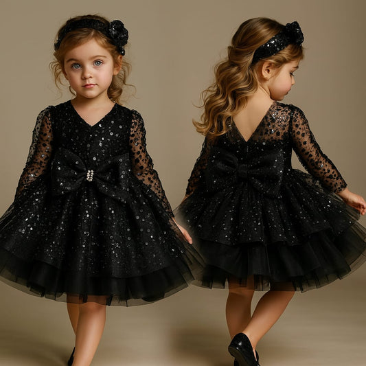 Pre Order: Sequins Bow Black Net Dress