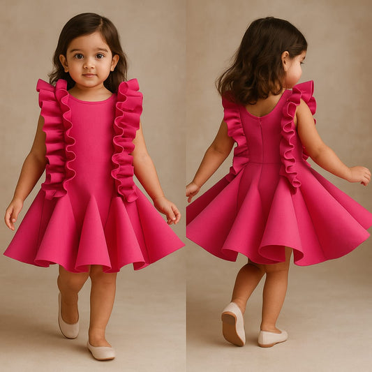 Pre Order: Hot Pink Ruffled Dress With Flared Hem