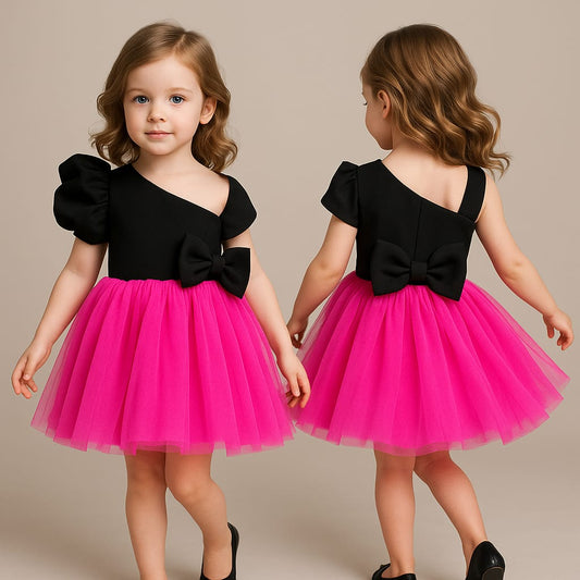 Pre Order: One Shoulder Bow Enhanced Pink And Black Net Dress