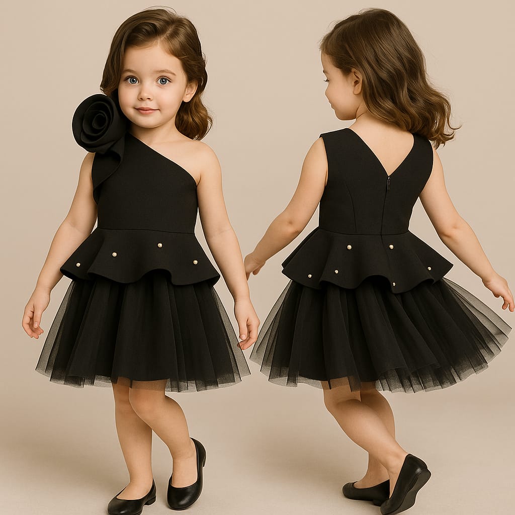 Pre Order: Exquisite Pearls And Rose Embellished Frilly Black Scuba Dress