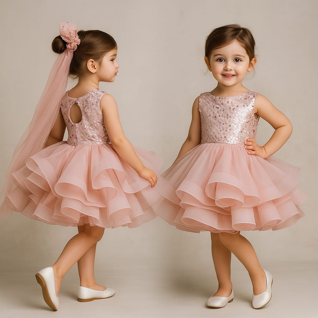 Pre Order: Peach Sequin Dress Adorned With Matching Bows And Flowers Embellishment