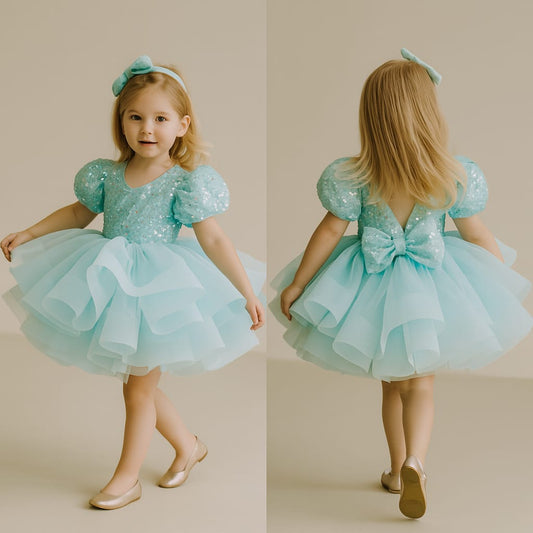 Pre Order: Beautiful Sequined Puff Sleeves Ruffle Dress
