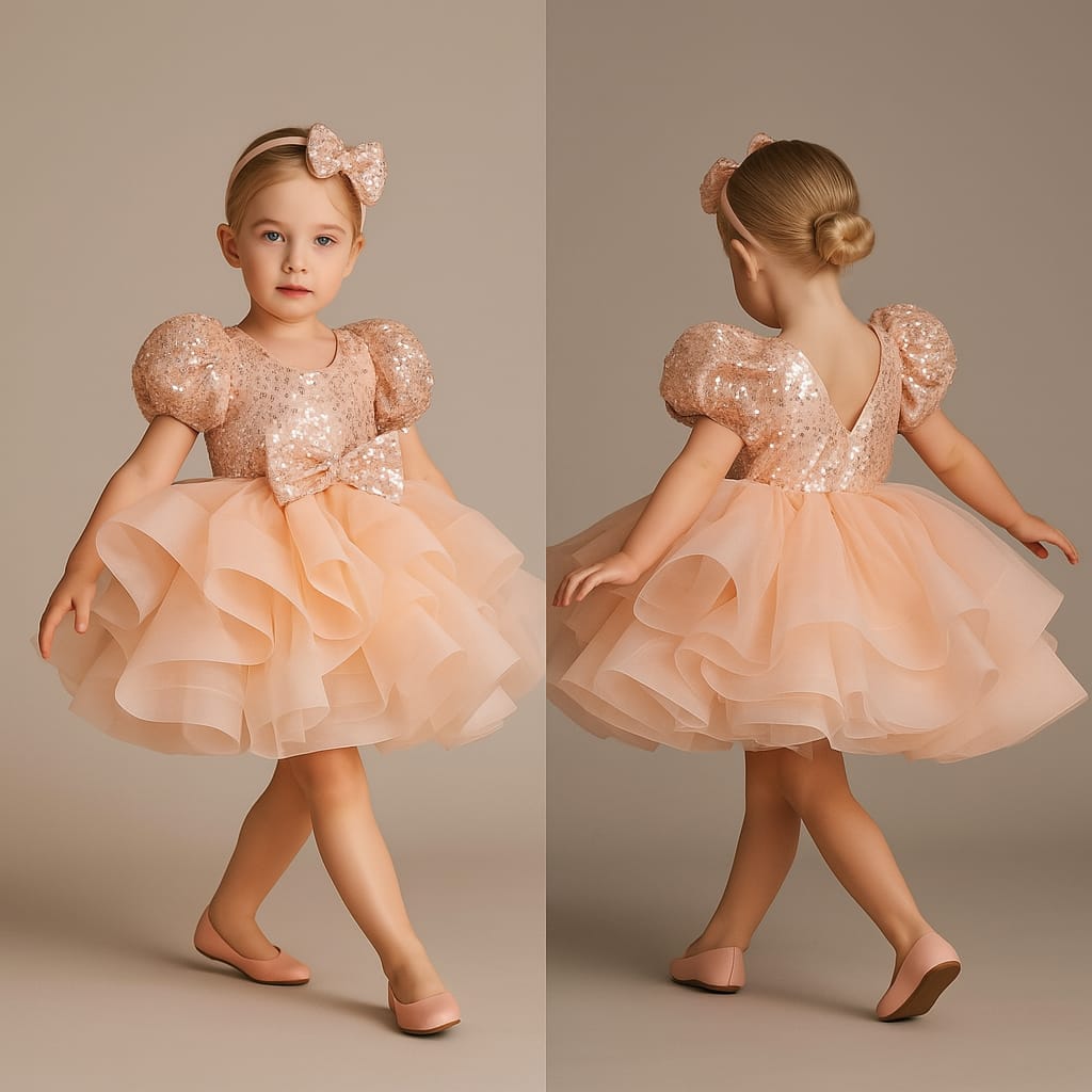 Pre Order: Sequined Peach Puff Sleeves Ruffle Dress