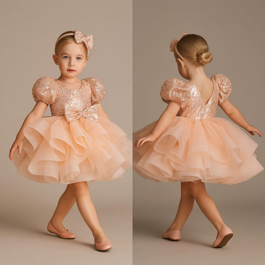 Pre Order: Sequined Peach Puff Sleeves Ruffle Dress