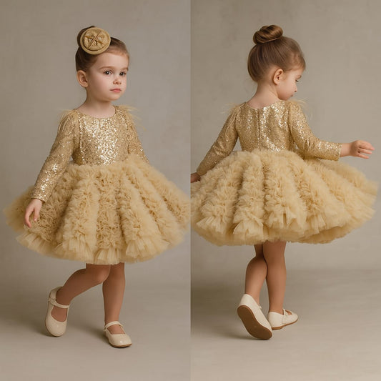 Pre Order: Sequins Embellished Ruffled Beige Dress