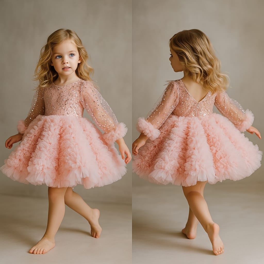 Pre Order: Sequins Embellished Ruffled Peach Dress