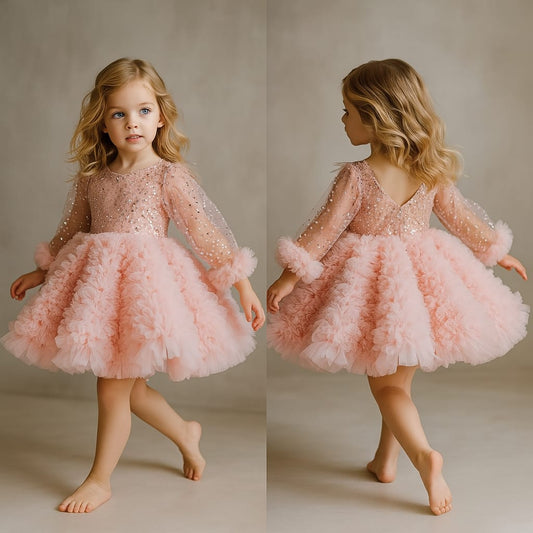 Pre Order: Sequins Embellished Ruffled Peach Dress