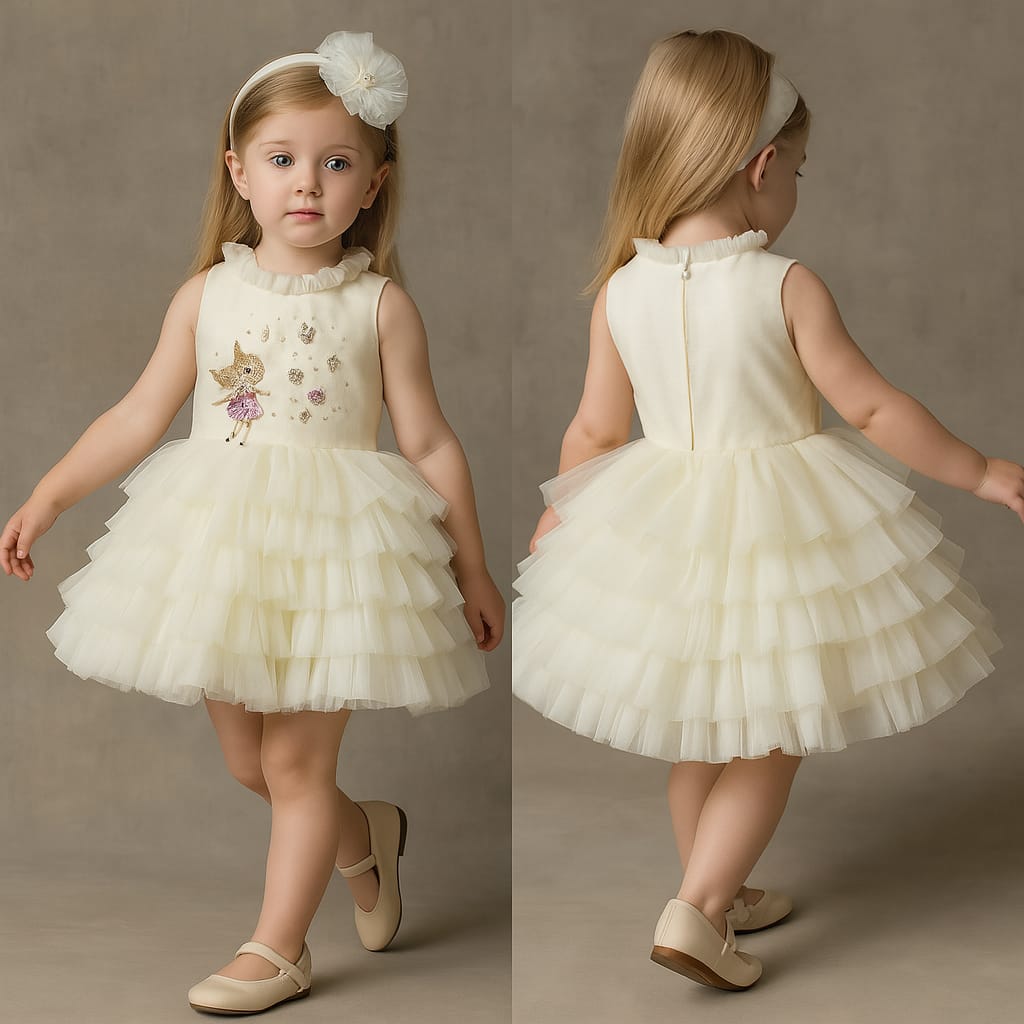Pre Order: Fairy Embroidered Yoke Off White Multi Layered Dress