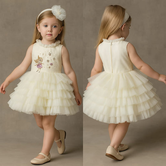 Pre Order: Fairy Embroidered Yoke Off White Multi Layered Dress