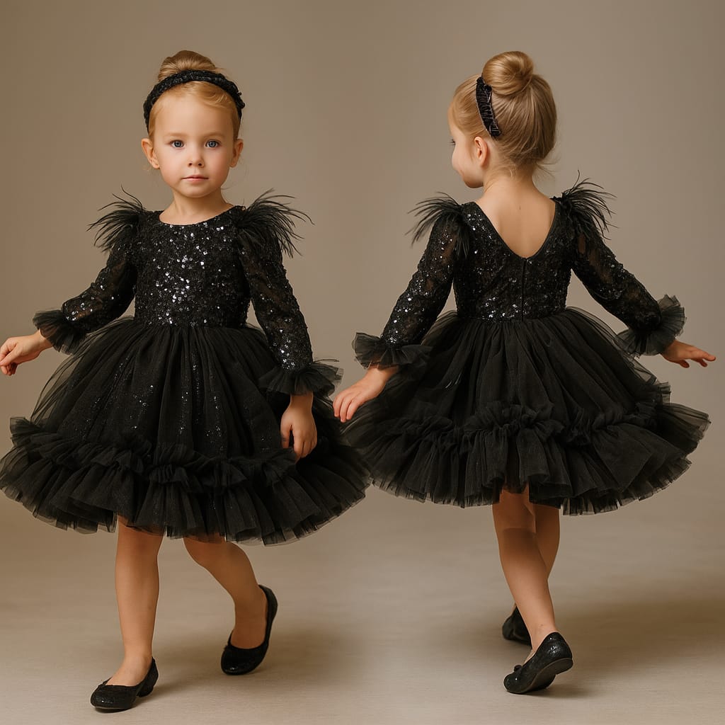 Pre Order: Sequins Embellished Ruffled Black Dress