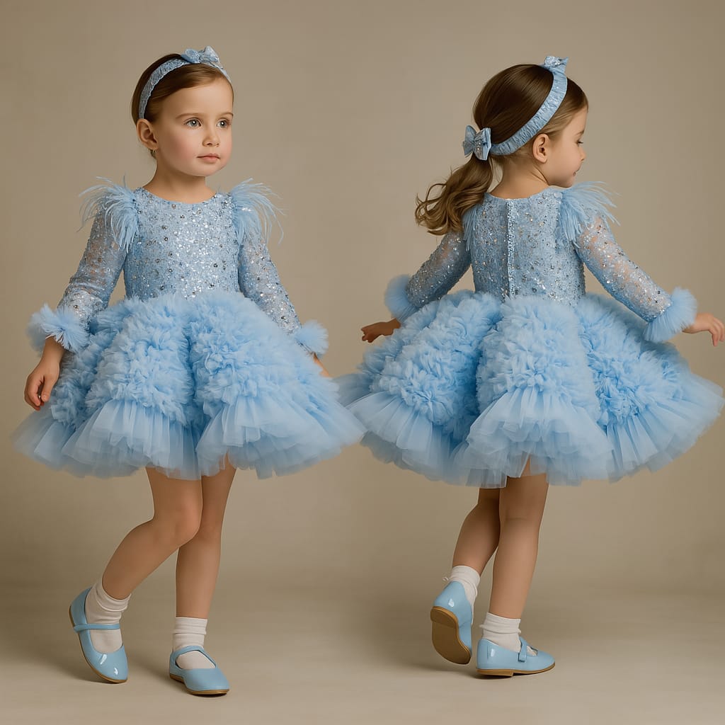 Pre Order: Sequins Embellished Ruffled Blue Dress