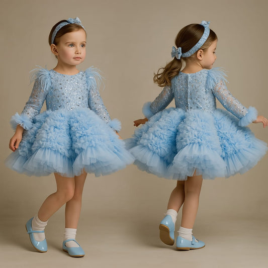 Pre Order: Sequins Embellished Ruffled Blue Dress