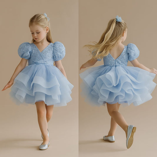 Pre Order: Sequined Blue Puff Sleeves Ruffle Dress
