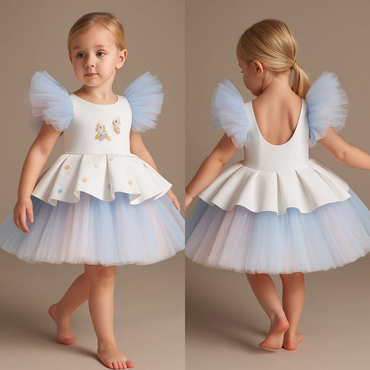 Pre Order: Unicorn Embroidered Yoke Neoprene White And Light Blue Dress