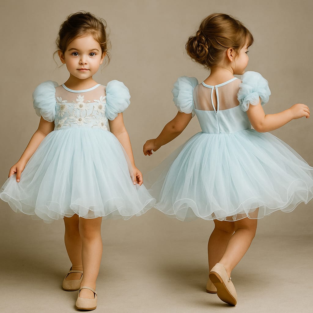 Pre Order: Cut Dana Embellished Blue Ruffled Sleeves Dress