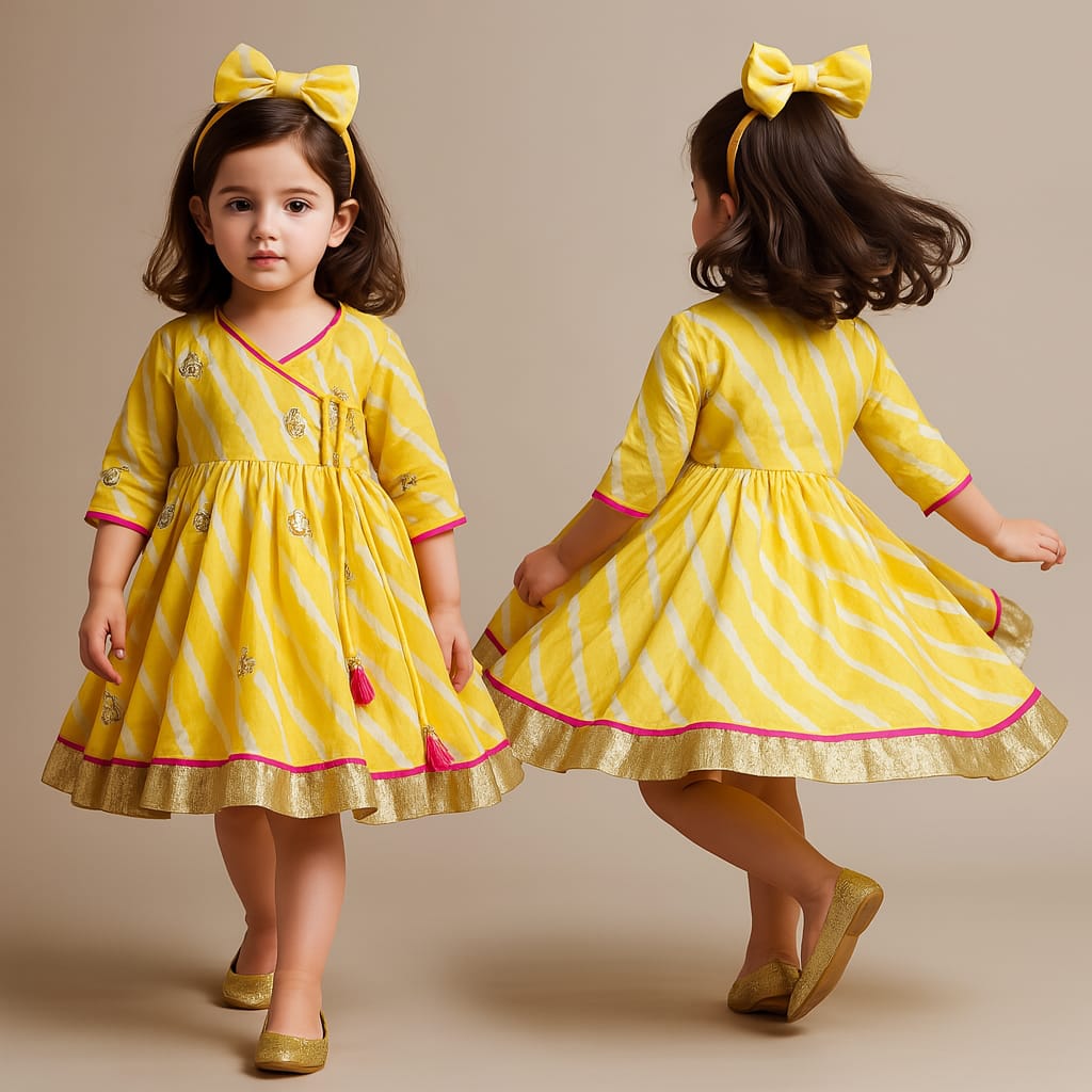 Pre Order: Leheriya Printed Yellow Dress