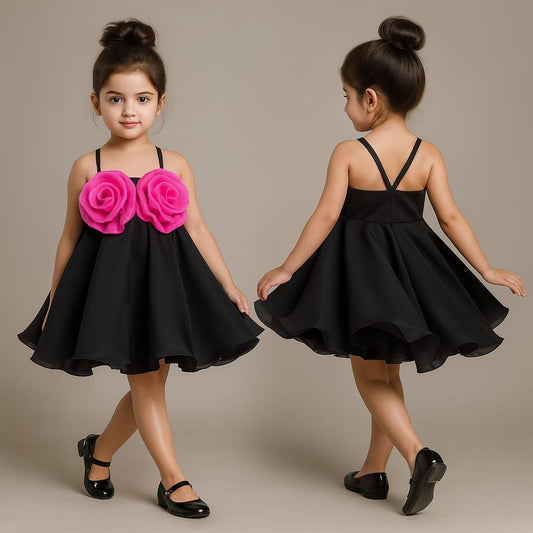 Pre Order: Flower Enhanced Halter Neck Flared Black Dress