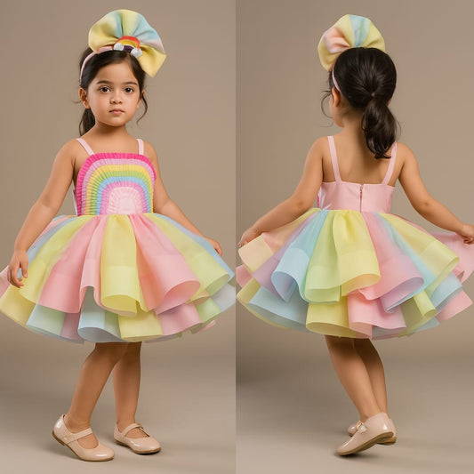 RTD Pre Order: Multicolour Shaded Rainbow Theme Ruffled Dress