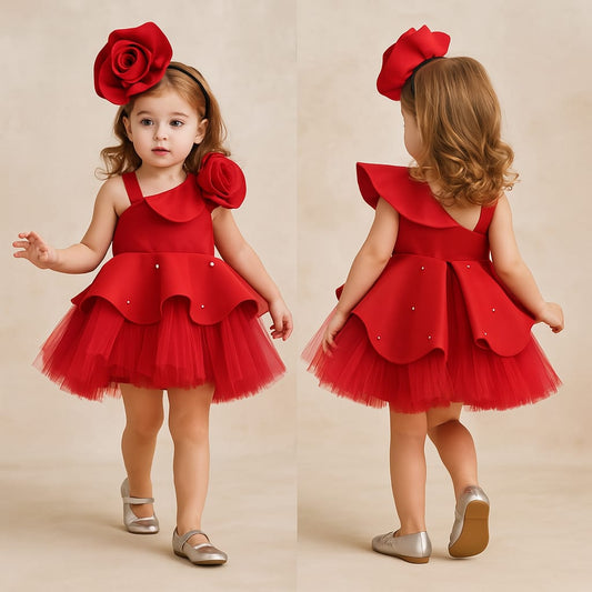 Pre Order: Rose Embellished Frilly Red Scuba Dress