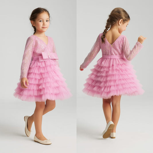 Pre Order: Sequins Beautified Layered Bottom Pink Dress