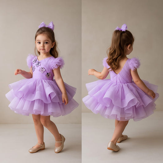Pre Order: Lovely Butterfly Purple Net Ruffled Dress