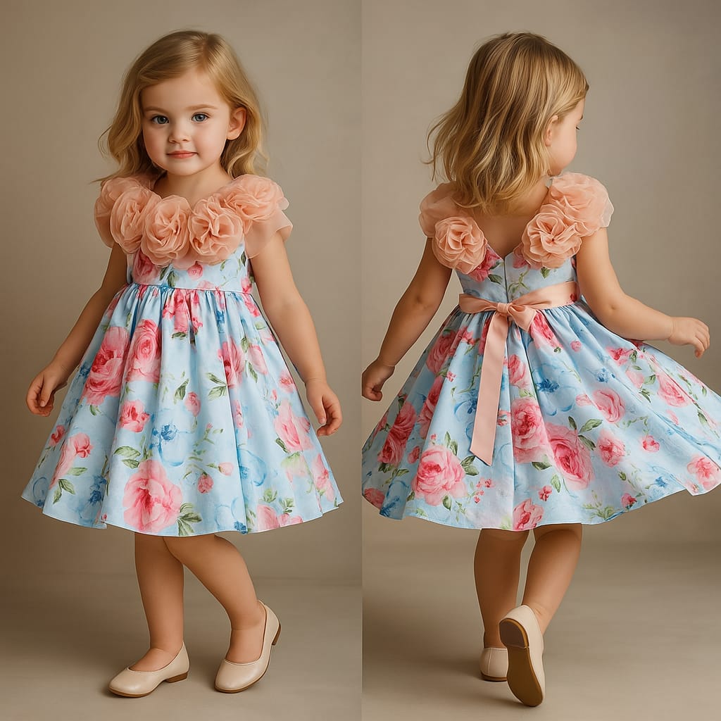 Pre Order: Blue And Pink Floral Printed Rose Flowers Adorned Dress