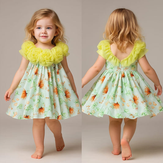 Pre Order: Lime Green Floral Printed Rose Flowers Adorned Dress
