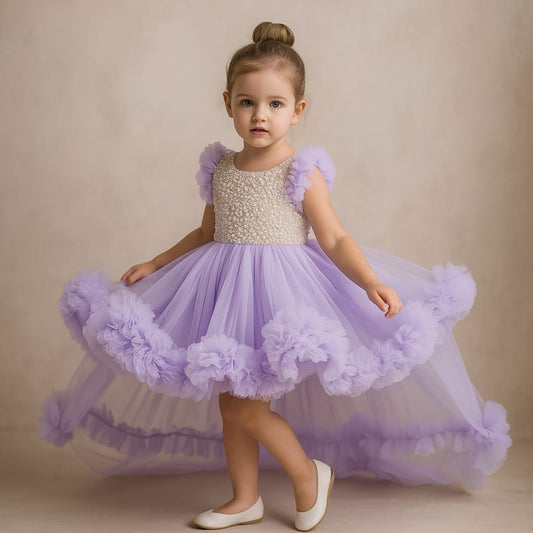 Pre Order: Embroidered Yoke Ruffle Hem Lavender Dress With Detachable Trail