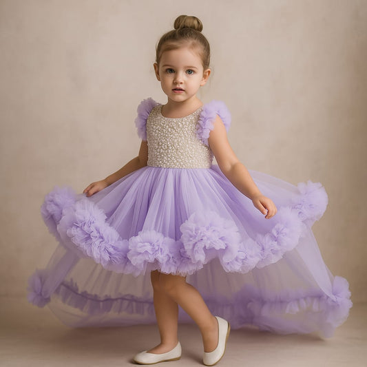 Pre Order: Embroidered Yoke Ruffle Hem Dress With Detachable Trail And Matching Hair Clip