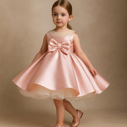 Pre Order: Elegant Diamond Work And Big Bow Peach Dress