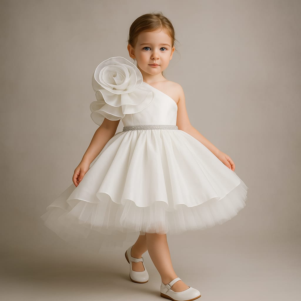 Pre Order: Flower Adorned One Shoulder White Dress