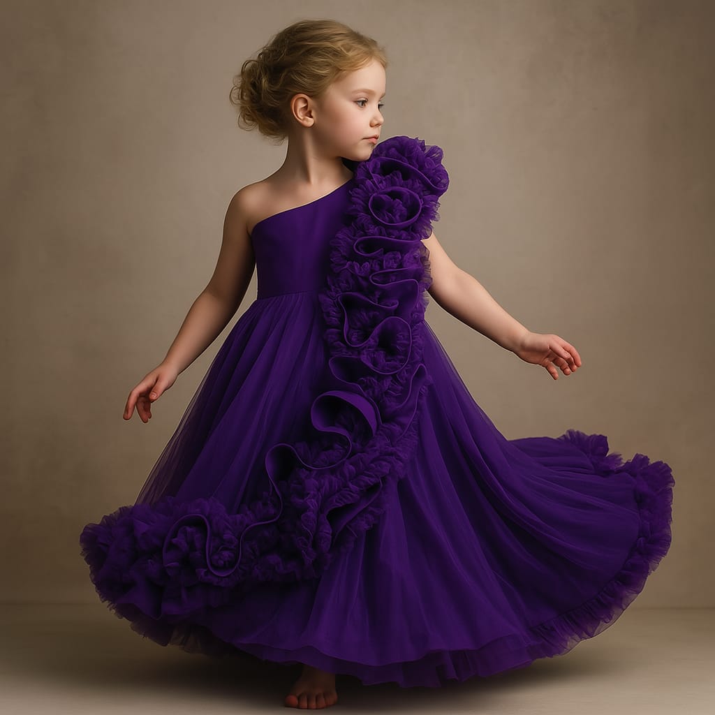 Pre Order: Purple One Shoulder Ruffle Net Gown
