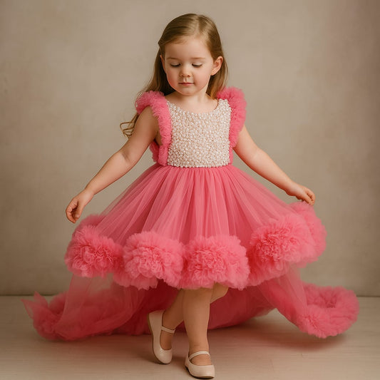 Pre Order: Embroidered Yoke Ruffle Hem Pink Dress With Detachable Trail And Matching Hair Clip