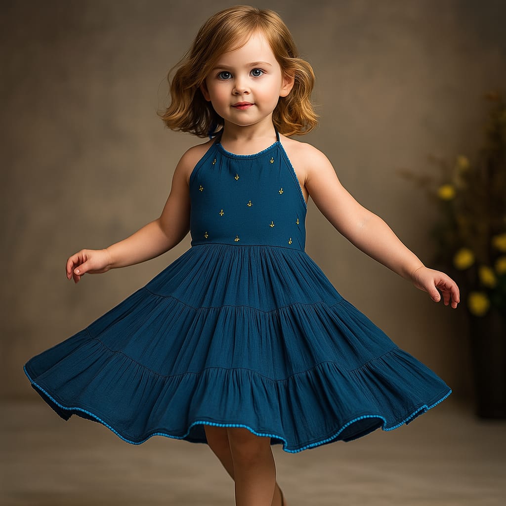 Pre Order: Halter Neck Pom Pom Lace Detailed Tiered Dress