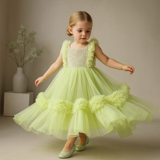 Pre Order: Embroidered Yoke Ruffle Hem Green Dress With Detachable Trail