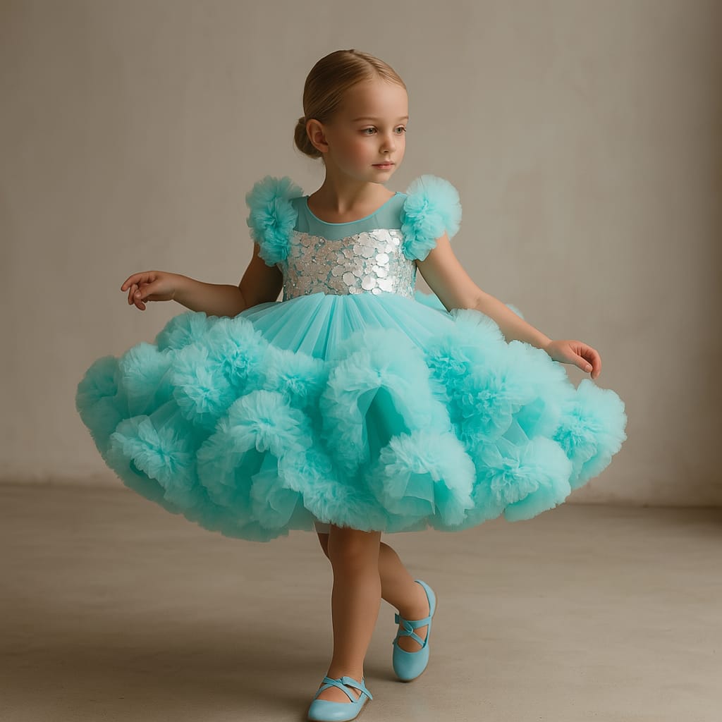Pre Order: Mirror Work Yoke Blue Ruffle Dress