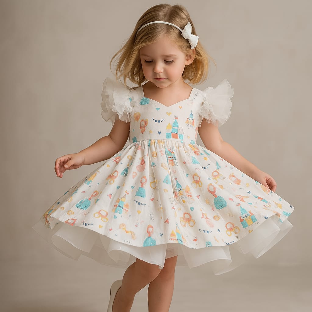 Pre Order: Little Princess Printed White Dress