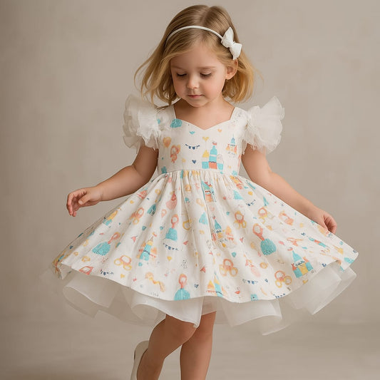 Pre Order: Little Princess Printed White Dress