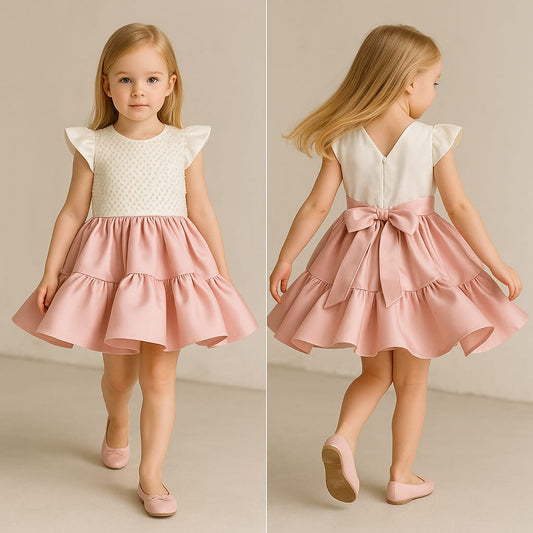 Pre Order: Elegant Pearls Embellished Blush Pink And Off White Fancy Dress