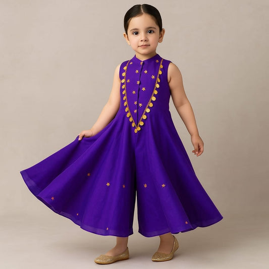 Pre Order: Brinjal Purple Ethnic Floral Sequins Work Flowy Jumpsuit