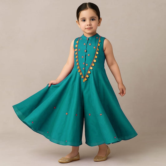 Pre Order: Rama Green Ethnic Floral Sequins Work Flowy Jumpsuit