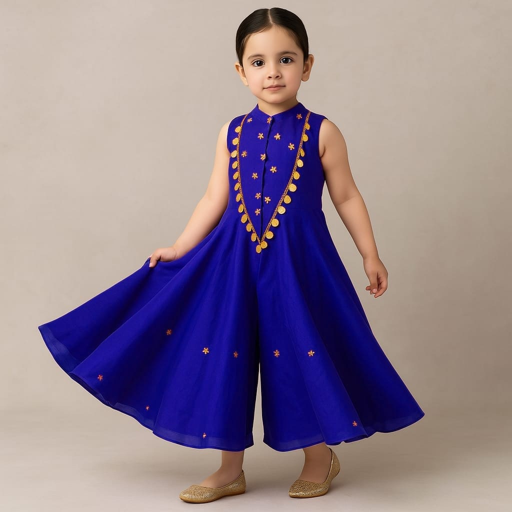 Pre Order: Royal Blue Ethnic Floral Sequins Work Flowy Jumpsuit