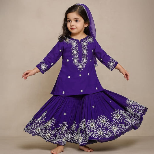Pre Order: Purple Front Placket Kurti And Pleated Sharara With Net Dupatta