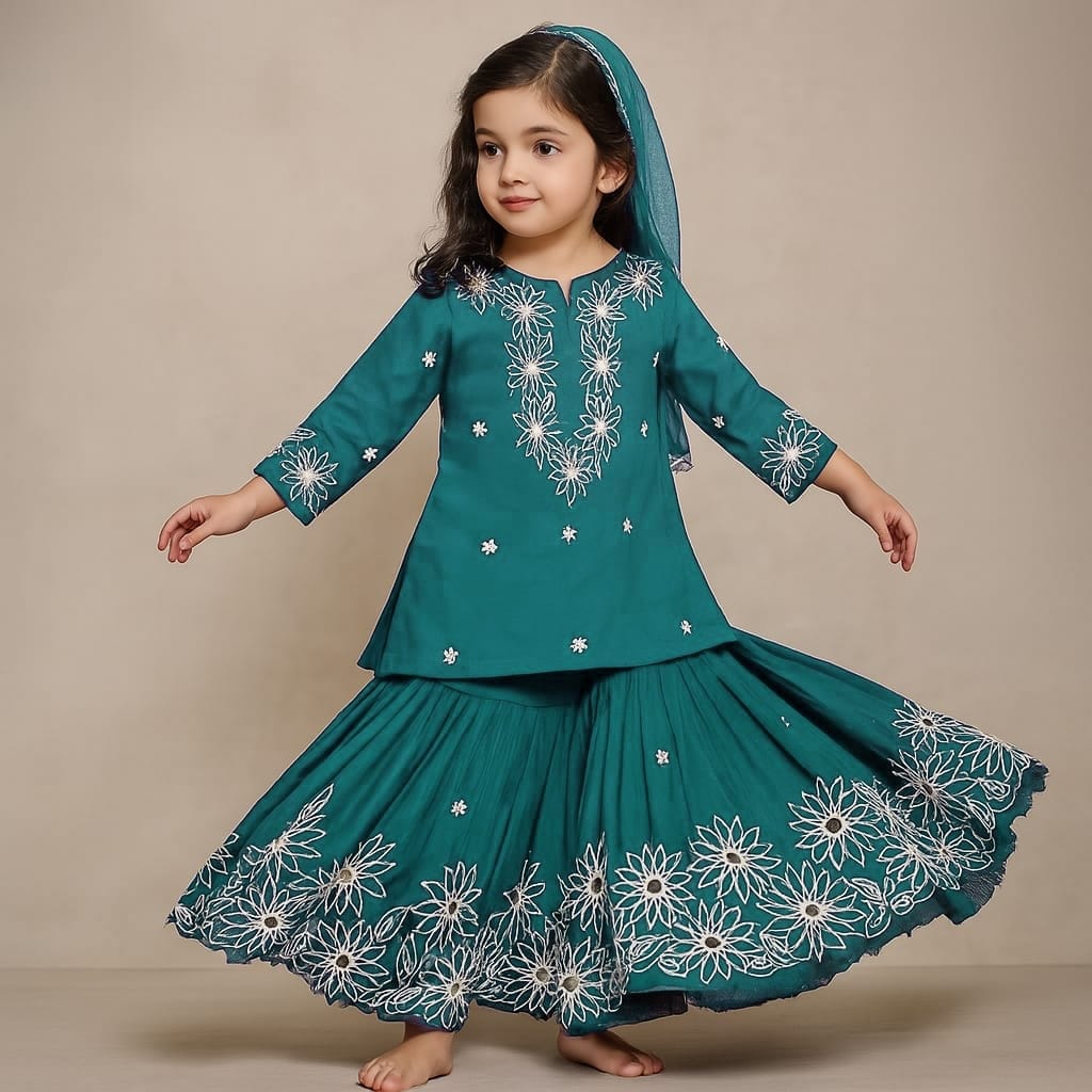 Pre Order: Front Placket Kurti And Pleated Sharara With Net Dupatta