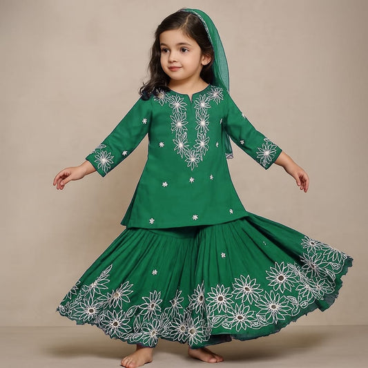 Pre Order: Green Front Placket Kurti And Pleated Sharara With Net Dupatta