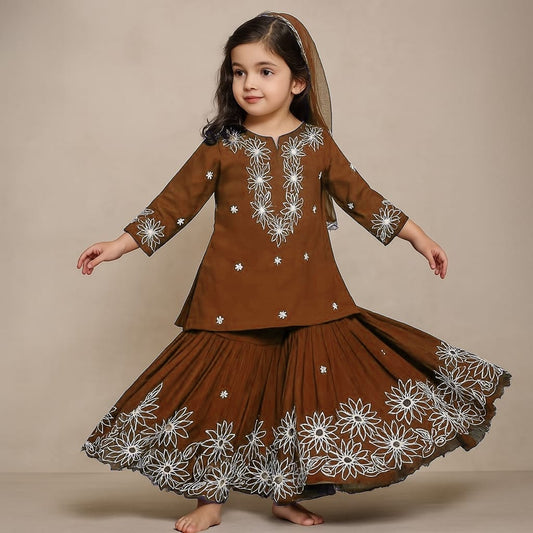 Pre Order: Brown Front Placket Kurti And Pleated Sharara With Net Dupatta